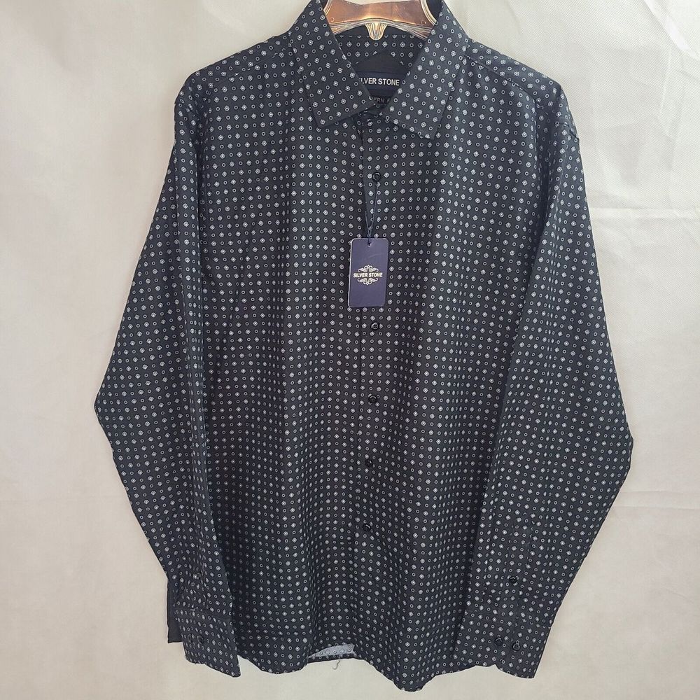 New Silver Stone Men's (XXL) Black Modern Fit Button Up Long Sleeve Shirt